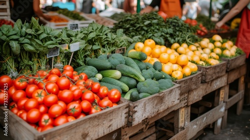 Capture the vibrancy of a farmers market: colorful stalls, fresh produce, smiling vendors interacting with customers