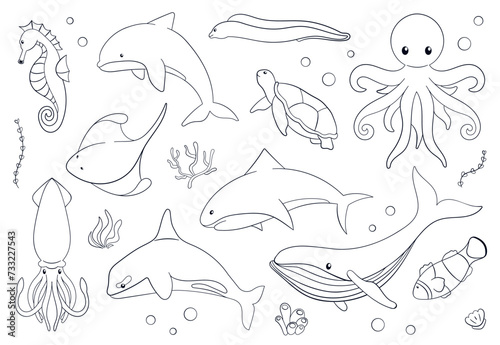 Undersea animals set in line art, flat style. Octopus, coral clown fish, dolphin, killer, whale, muraena, moray, seahorse, squid, stingray, turtle. Vector illustration isolated on a white background.