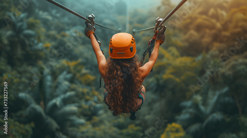 A woman with long hair is suspended on a zipline in a lush forest.