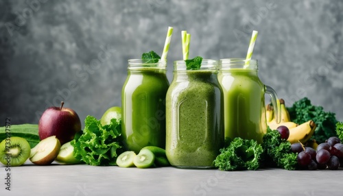 Three glass jars filled with green smoothie and fruits