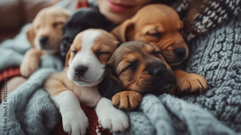 Adorable puppies snuggled up with their human companions, forming unbreakable bonds of love