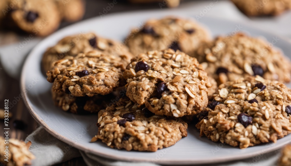 A plate of oatmeal cookies with chocolate chips A plate of oatmeal cookies with chocolate chips