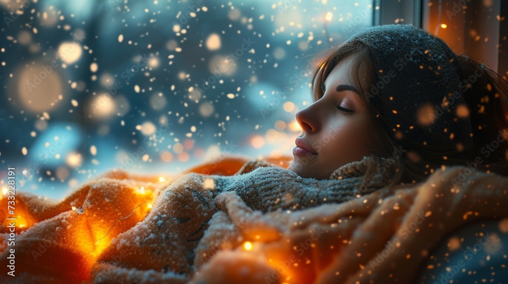 A radiant young woman, cocooned in a cozy blanket, gazes peacefully out the window at swirling snowflakes A radiant young woman, cocooned in a cozy blanket, gazes peacefully out the window at swirling snowflakes