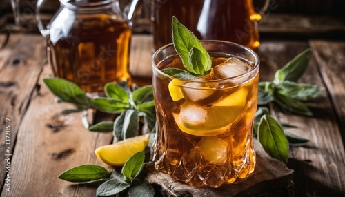 A glass of tea with lemon and mint leaves on a wooden table