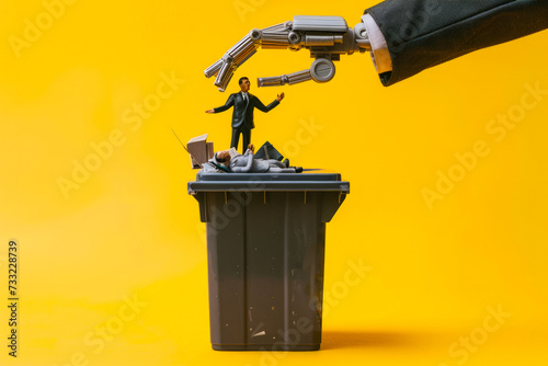 Robot hand throwing a businessman into a garbage can, over yellow background. photo