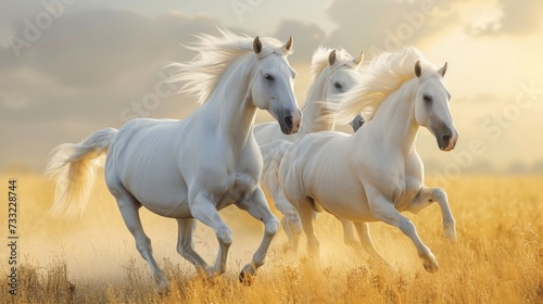 Golden Elegance: White Horses at Sunset