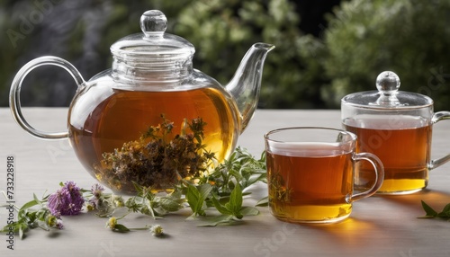 A teapot and two cups of tea with herbs on a table