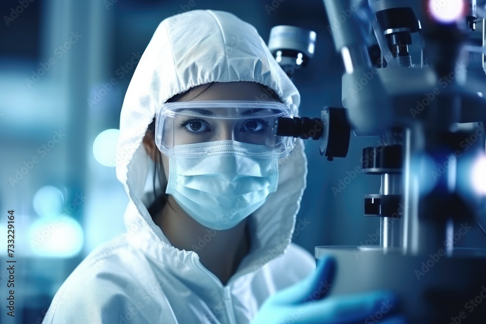 A researcher in a protective mask working in a laboratory, Researcher in a protective mask working in a laboratory of a research institute. Ai generated A researcher in a protective mask working in a laboratory, Researcher in a protective mask working in a laboratory of a research institute. Ai generated