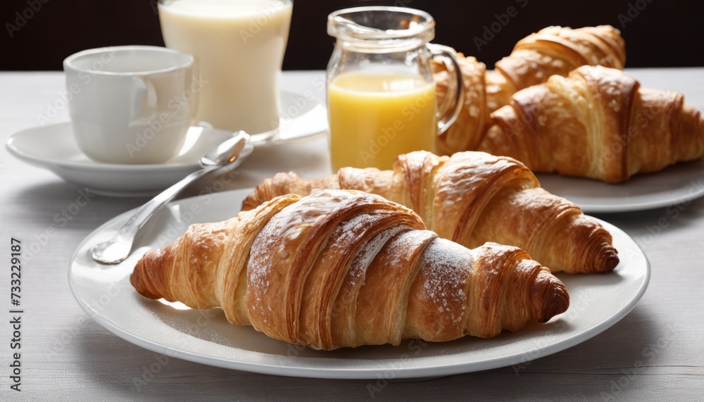 A plate of croissants and a glass of orange juice A plate of croissants and a glass of orange juice