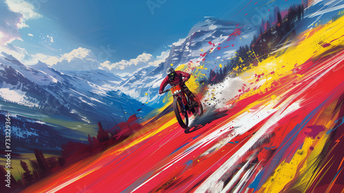 Dynamic mountain biking illustration with vibrant splash effects and energetic composition photo