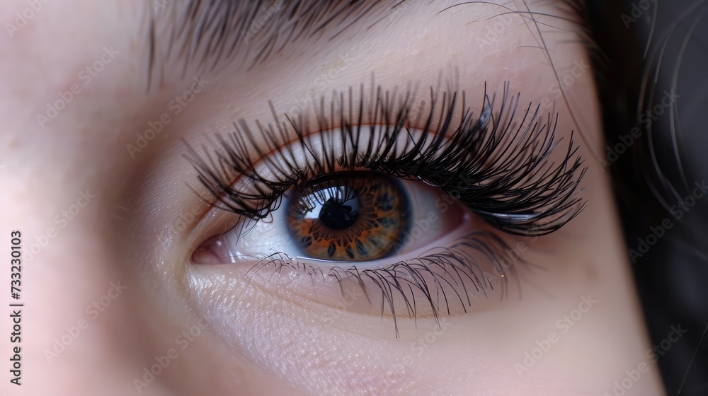 Obraz premium Female Eye with Extreme Long False Eyelashes. Eyelash Extensions. Makeup, Cosmetics, Beauty. Close up, Macro