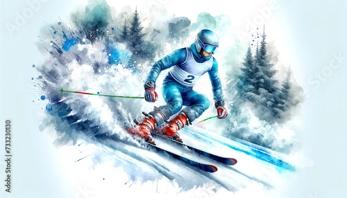 The image is a dynamic watercolor illustration of a skier in motion, racing down a snowy slope with a forest background.Sport concept. AI generated. photo