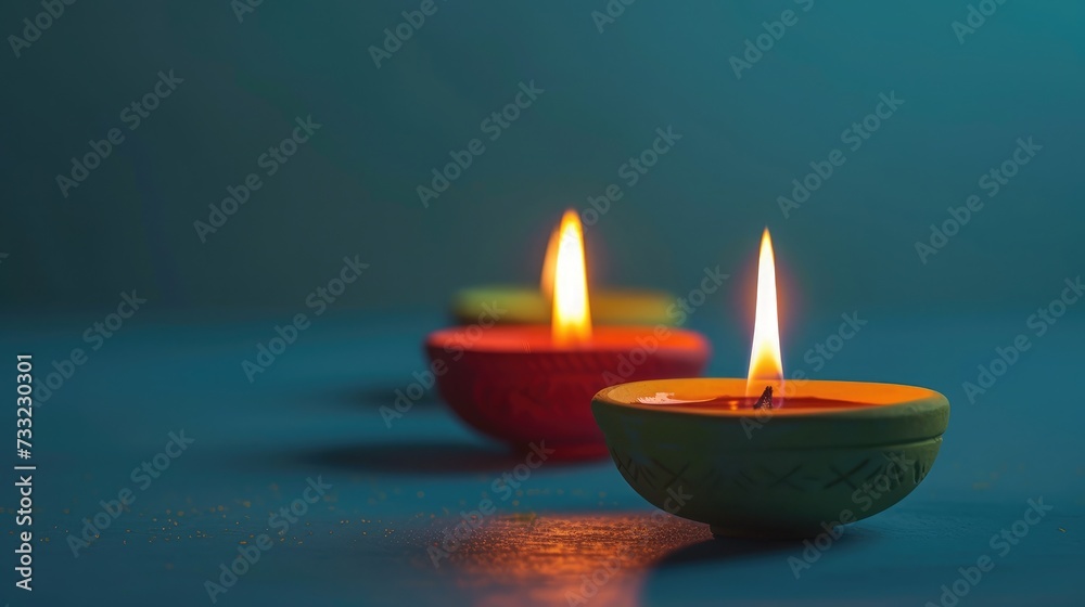 Happy Diwali - Clay Diya lamps lit during Diwali, Hindu festival of lights celebration. Colorful traditional oil lamp diya on blue background