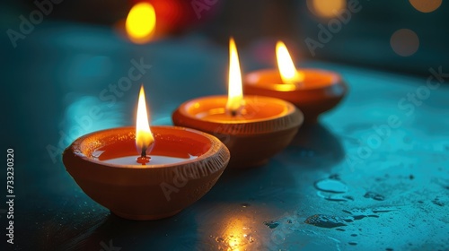 Happy Diwali - Clay Diya lamps lit during Diwali  Hindu festival of lights celebration. Colorful traditional oil lamp diya on blue background