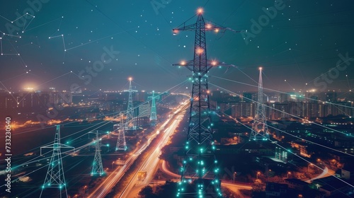 High power electricity poles in urban area connected to smart grid. Energy supply, distribution of energy, transmitting energy, energy transmission, high voltage supply concept photo.