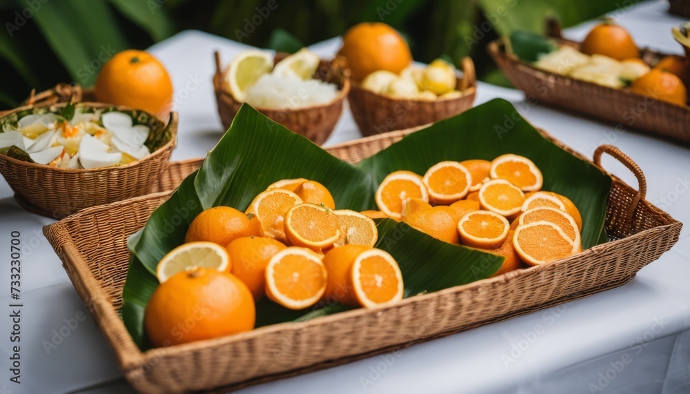 A table with a variety of food, including oranges and other fruits A table with a variety of food, including oranges and other fruits