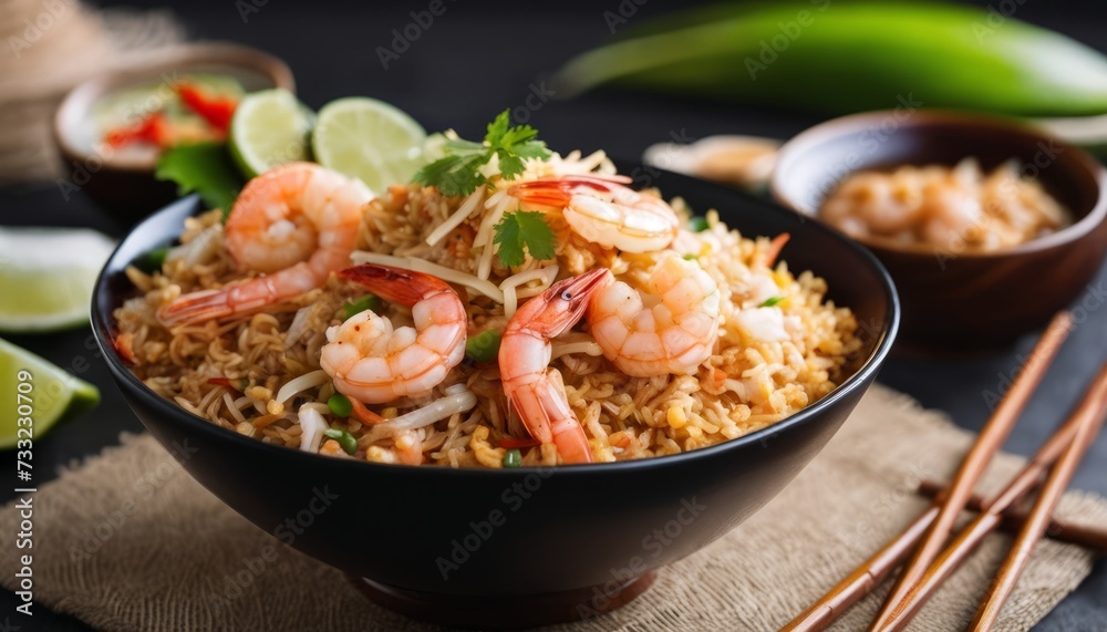 A bowl of rice and shrimp with chopsticks