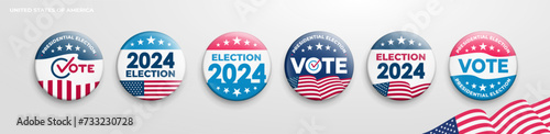 Big Set of Vote 2024 vector badge buttons. United states of America presidential election day pin. Collection of American style, color, design. Badge isolated on white background. Vector illustration. photo