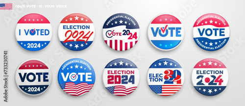 Set of Vote 2024 badge buttons. Collection of vector United states of America presidential election day pin. 2024 Presidential election, red, blue and white vote vector buttons. Vector illustration photo