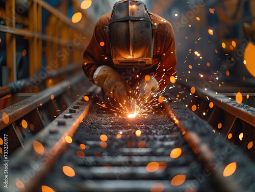 A blacksmith is welding steel while wearing protective equipment to protect him from sparks.