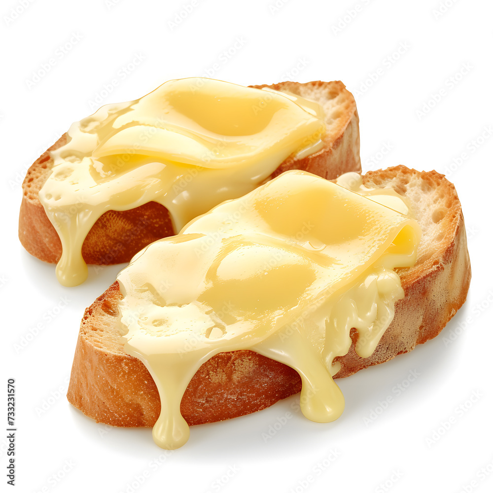 Melted cheese over toasted bread isolated on white background Melted cheese over toasted bread isolated on white background