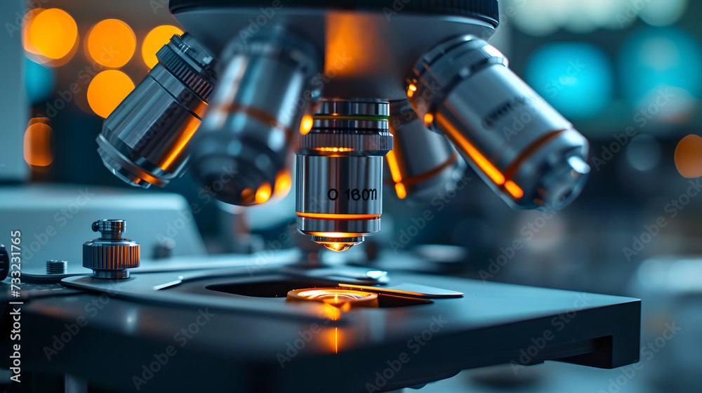 A microscope with a dark background and orange lights shining on it. A microscope with a dark background and orange lights shining on it.