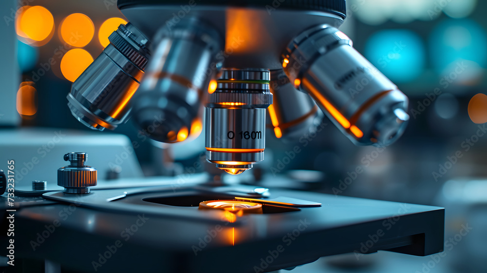 A microscope with a dark background and orange lights shining on it.