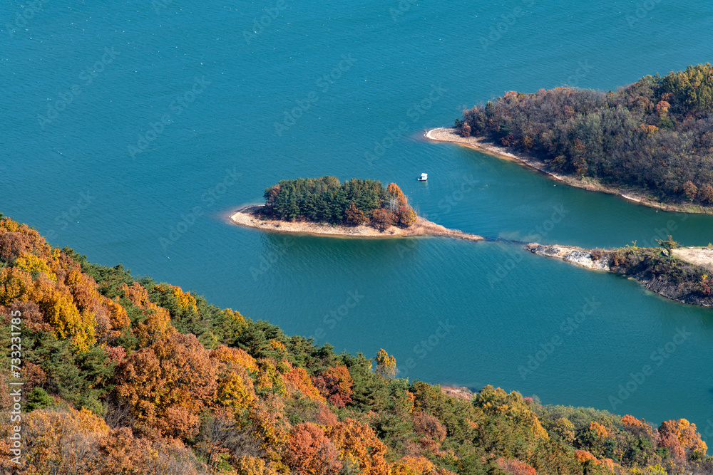 high-angle view of the autumn lake