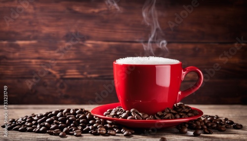 A red coffee cup sits on a plate of coffee beans