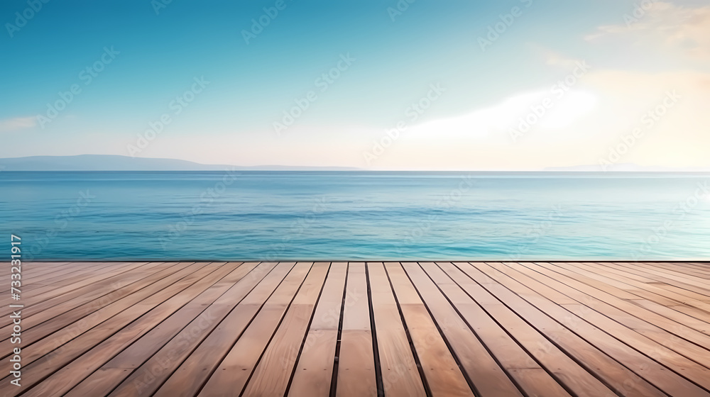 Empty concrete floor, 3D rendering sea view square with clear sky background