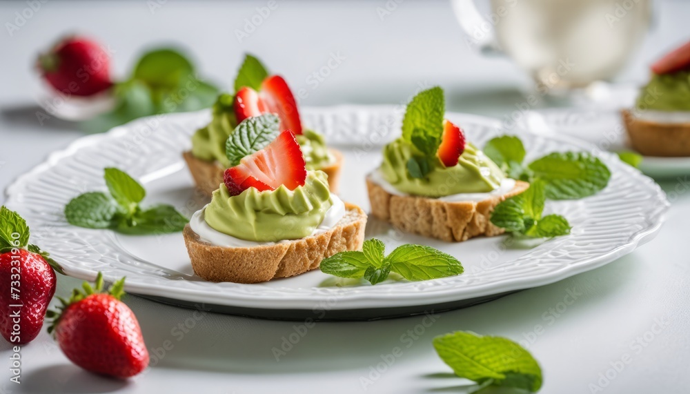 A white plate with strawberries and mint leaves A white plate with strawberries and mint leaves