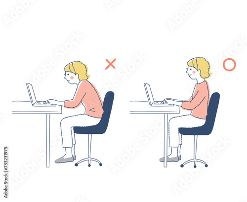 デスクワークする女性　悪い姿勢と良い姿勢の比較　