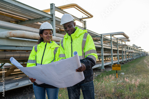 Young mechanical engineer holding blueprint drawing to checking and inspection gas pipeline system new construction project of industrial.