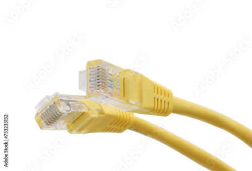 Yellow network cables with molded RJ45 plug on transparent background (PNG File)	
 photo