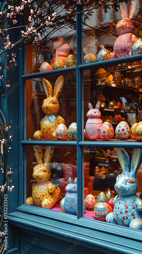 The candy store window is decorated for Easter