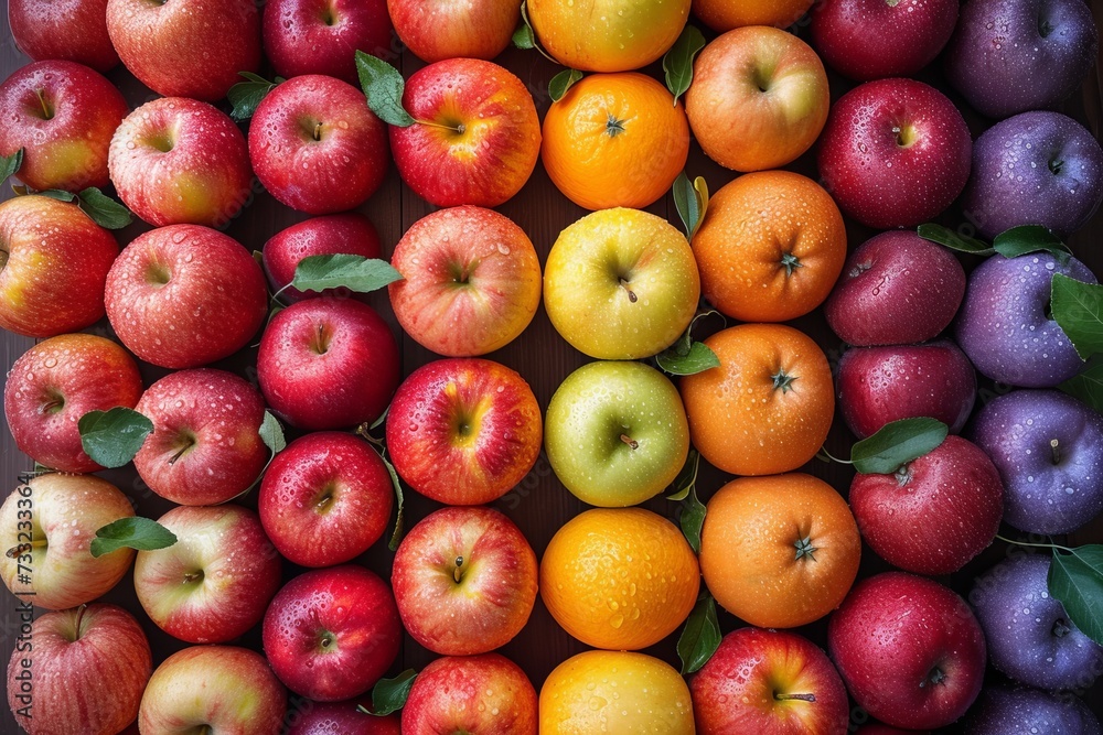 A group of apples and oranges arranged in rows on a table, top view A group of apples and oranges arranged in rows on a table, top view