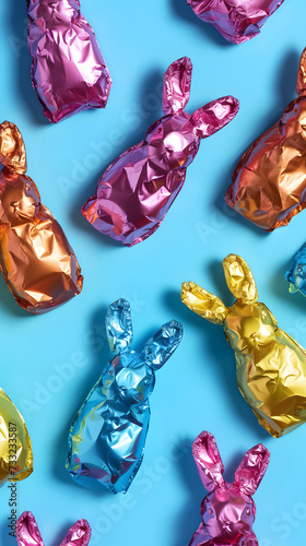 Easter chocolate bunnies in a multi-colored foil wrapper on a blue background, vertical