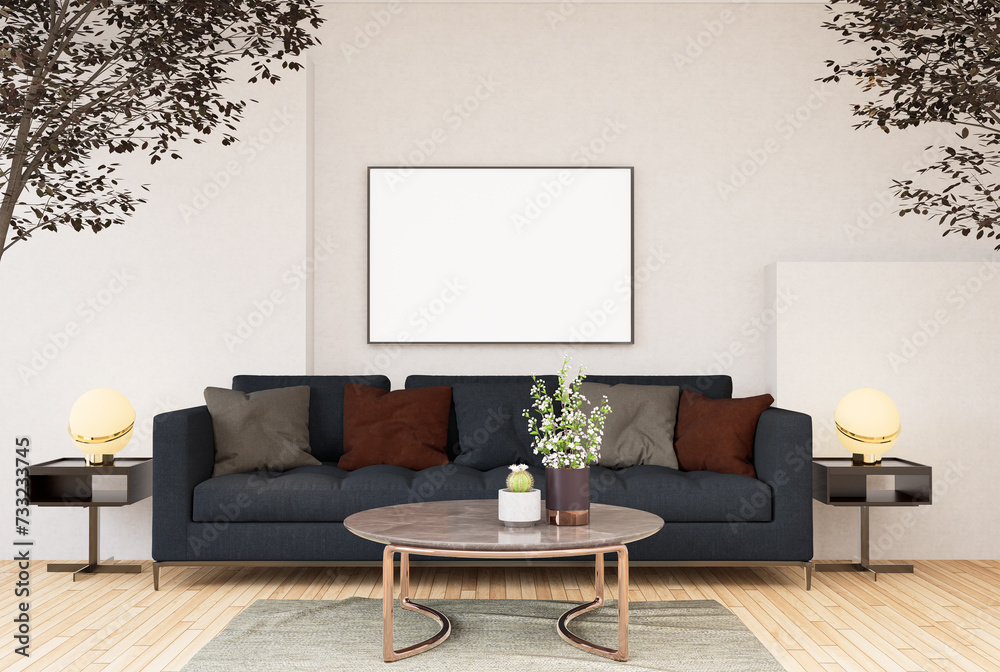 3D illustration Mockup blank photo frame in living room rendering 3D illustration Mockup blank photo frame in living room rendering