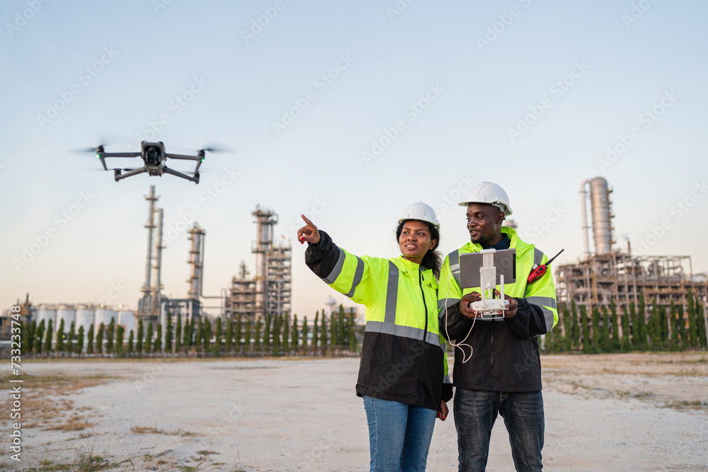 custom made wallpaper toronto digitalTeam of Engineer Specialists Pilot Drone on Construction Site. Architectural Engineer and Safety Engineering Inspector Fly Drone at industrial plant.