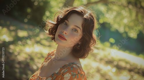 Portrait of a woman with brown hair in a beautiful autumn garden with yellow sunlight, blurred background. Created with Generative AI.