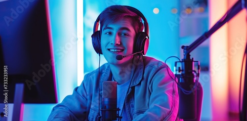 Young man with headphones at the microphone. Podcast or streaming concept. photo