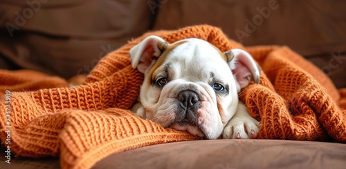 Bulldog puppy in orange blanket. Concept of coziness and home warmth. © volga