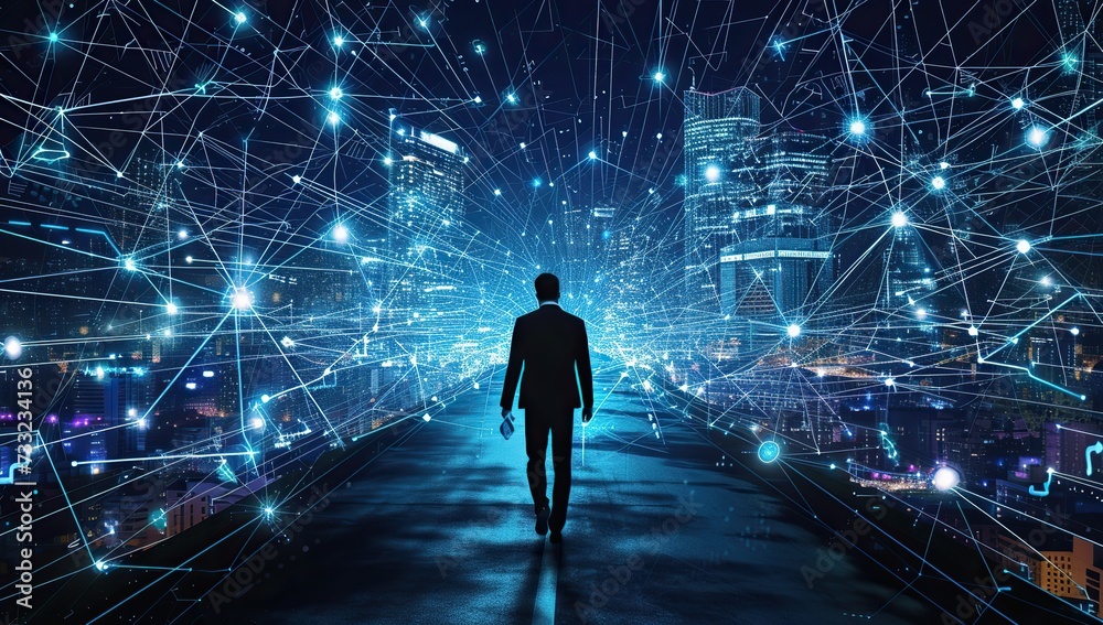 Silhouette of a person looking at the cityscape at night, light connections. Concept of network society and the future. Silhouette of a person looking at the cityscape at night, light connections. Concept of network society and the future.