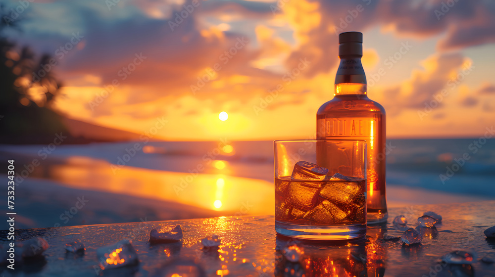 A glass and a bottle of whiskey are placed on a wooden table near the sea. The sun is setting in the background. A glass and a bottle of whiskey are placed on a wooden table near the sea. The sun is setting in the background.