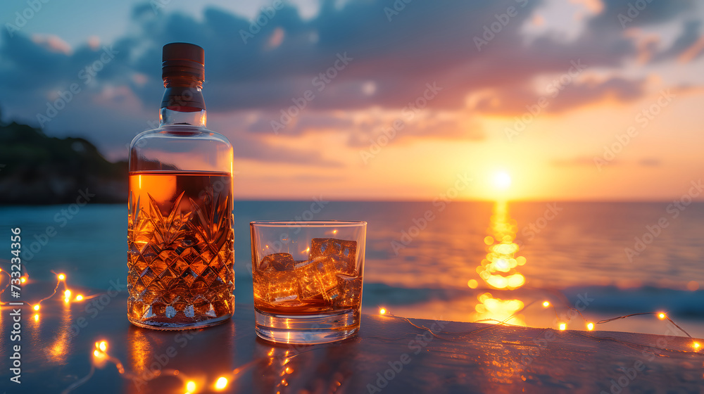 A glass and a bottle of whiskey are placed on a wooden table near the sea. The sun is setting in the background. A glass and a bottle of whiskey are placed on a wooden table near the sea. The sun is setting in the background.
