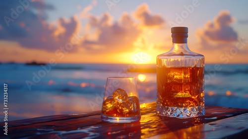 A glass and a bottle of whiskey are placed on a wooden table near the sea. The sun is setting in the background.