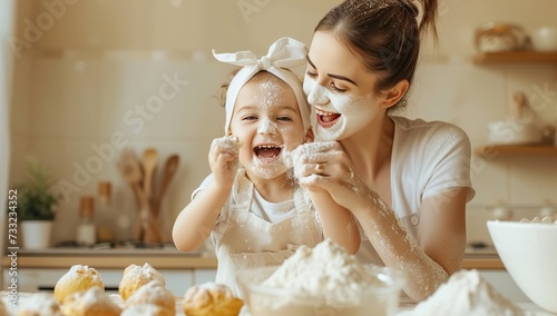 Young woman and child playfully interacting with flour in the kitchen. The concept of family time and home baking artistry.