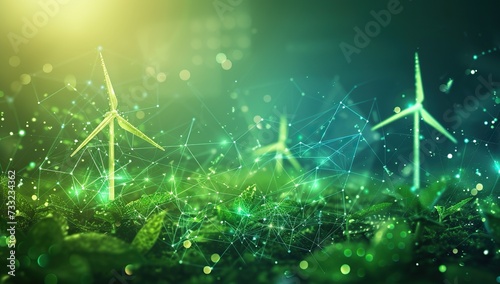 Wind turbine amid glowing digital nodes. Renewable energy and innovation concept. © volga