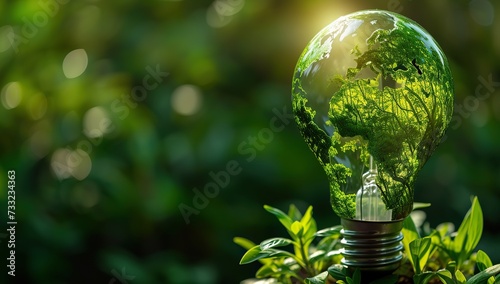 Green eco light bulb with earth globe on blurred nature background. Ecology concept.