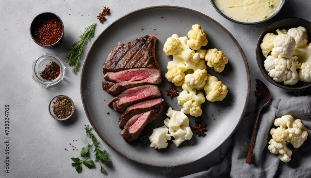 A plate of food with meat and cauliflower A plate of food with meat and cauliflower